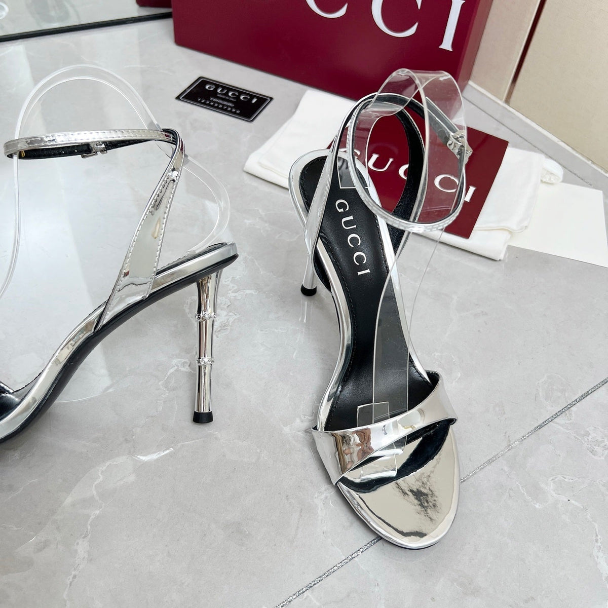 GC 25 Heeled 95mm Sandals Silver Patent Leather 293862