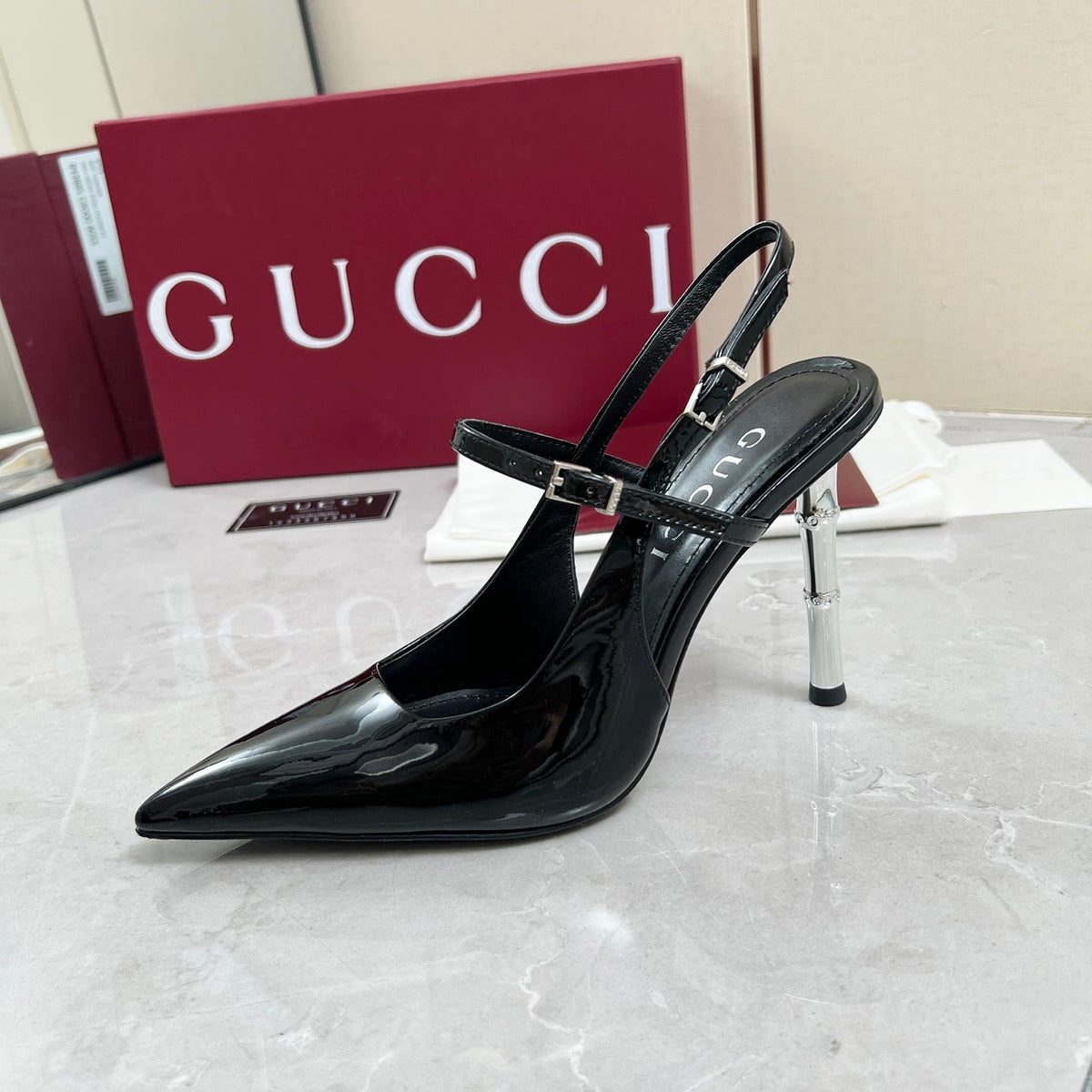 GC 25 Heeled 95mm Slingback Pump Black  Patent Leather 293865