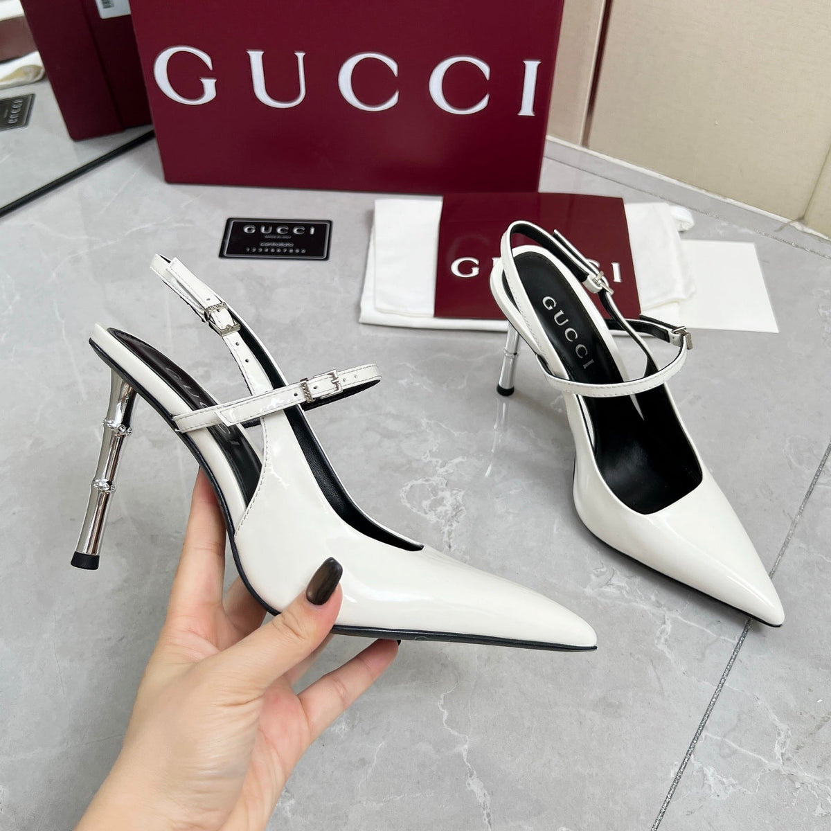 GC 25 Heeled 95mm Slingback Pump White Patent Leather 293867