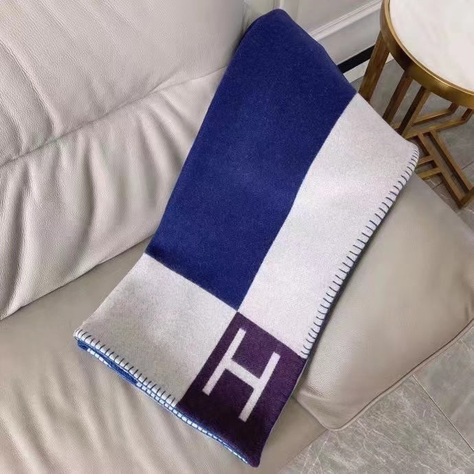 HM Avalon Throw Blanket Ecru Indigo Wool Cashmere