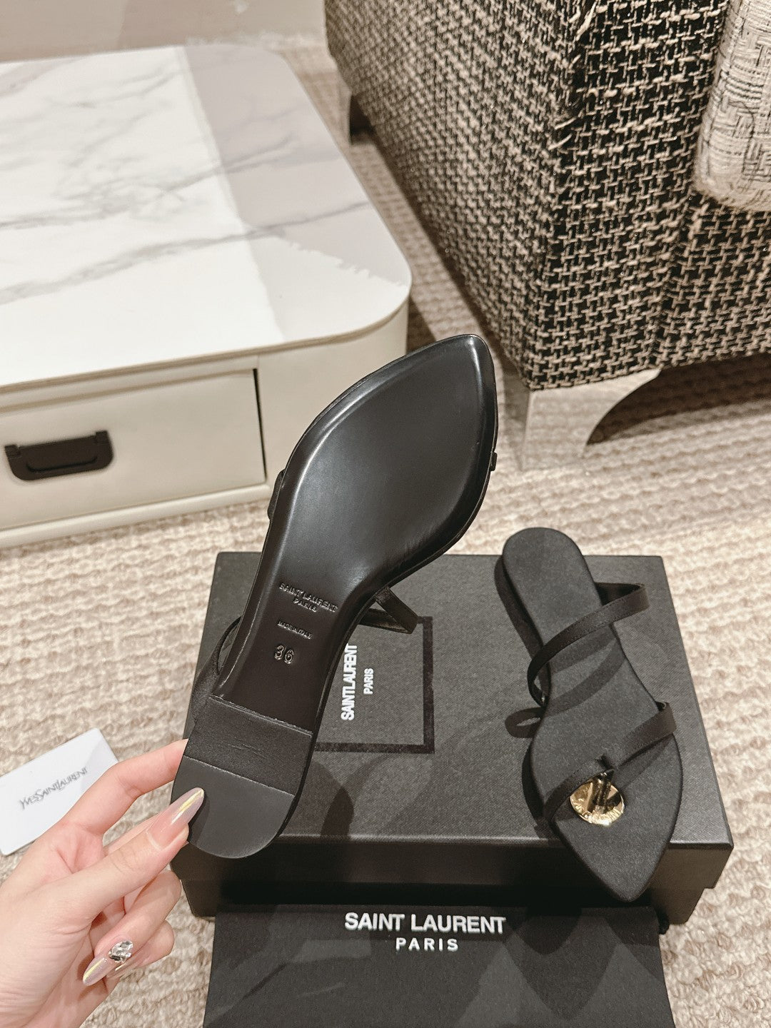 SL TANGER SLIDES BLACK SATIN