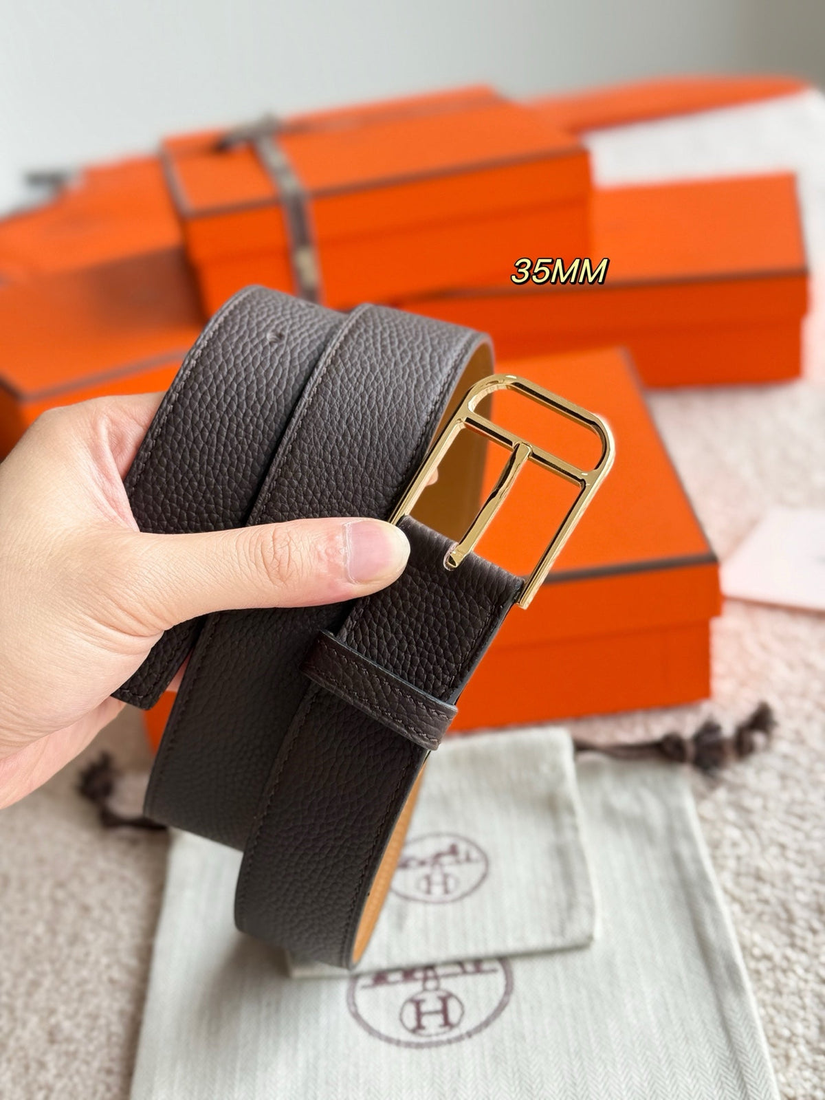 HM Gold 35mm Romain Belt Brown Chocolate  Leather 188392
