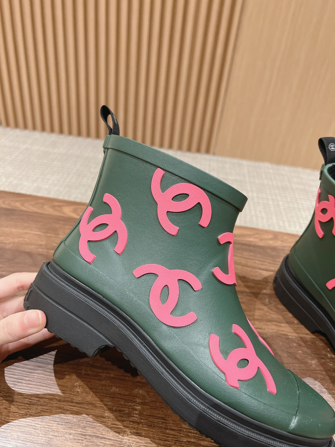 CC RAIN BOOTS GREEN FOREST TPU WITH PINK LOGO