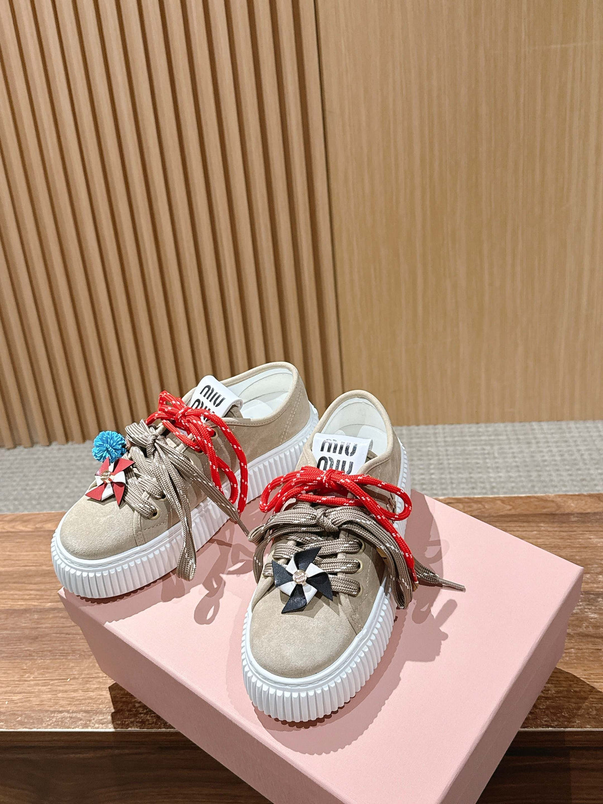 Miumiu 25 Platform Sneakers Beige Red Suede Wool 553690