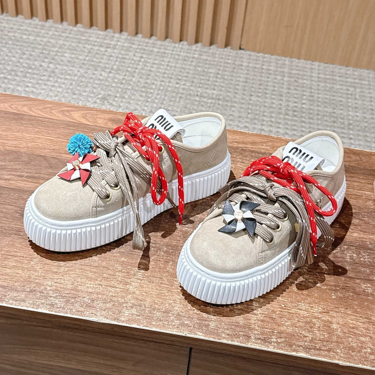 Miumiu 25 Platform Sneakers Beige Red Suede Wool 553690