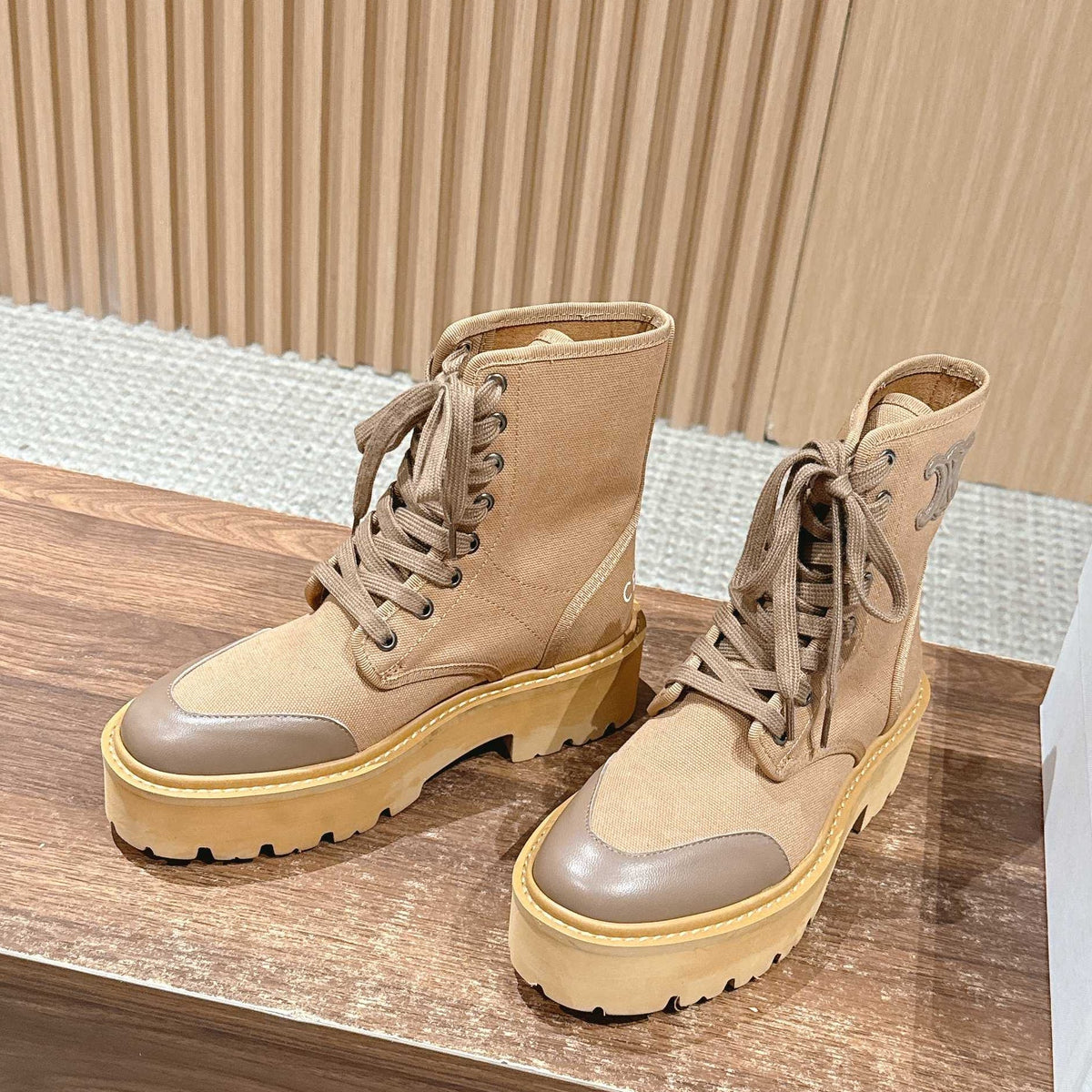 Celine 25 Bulky Lace-up Boot Tan Canvas Calfskin 554014