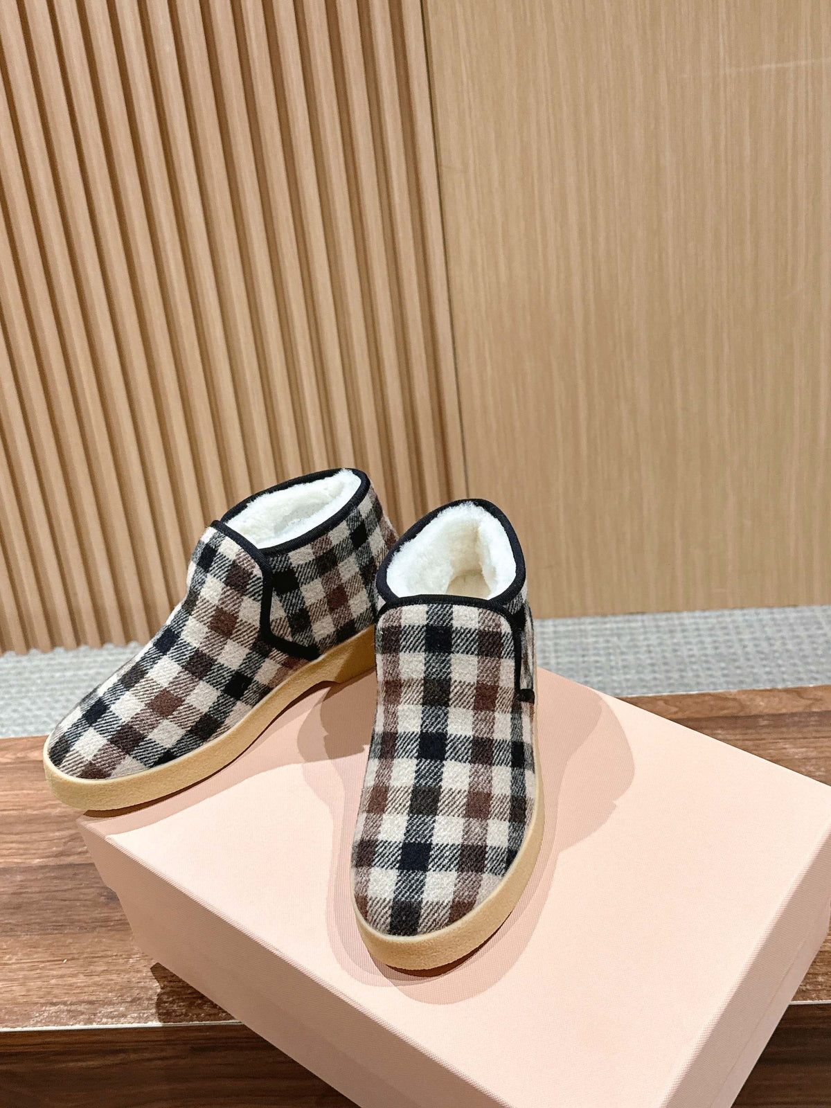 Miumiu 25 Plaid Slip-on Boot Black Brown Mix White Suede Wool 553702