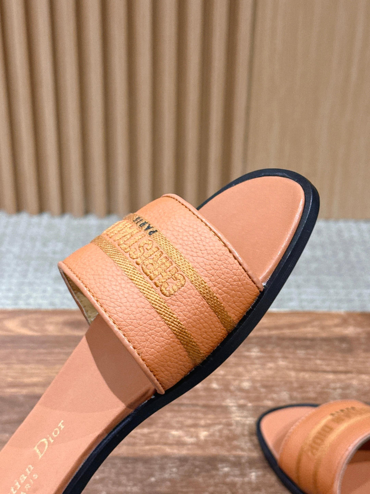 CD 26 Embroidered Slippers Camel Brown Cowhide 610277