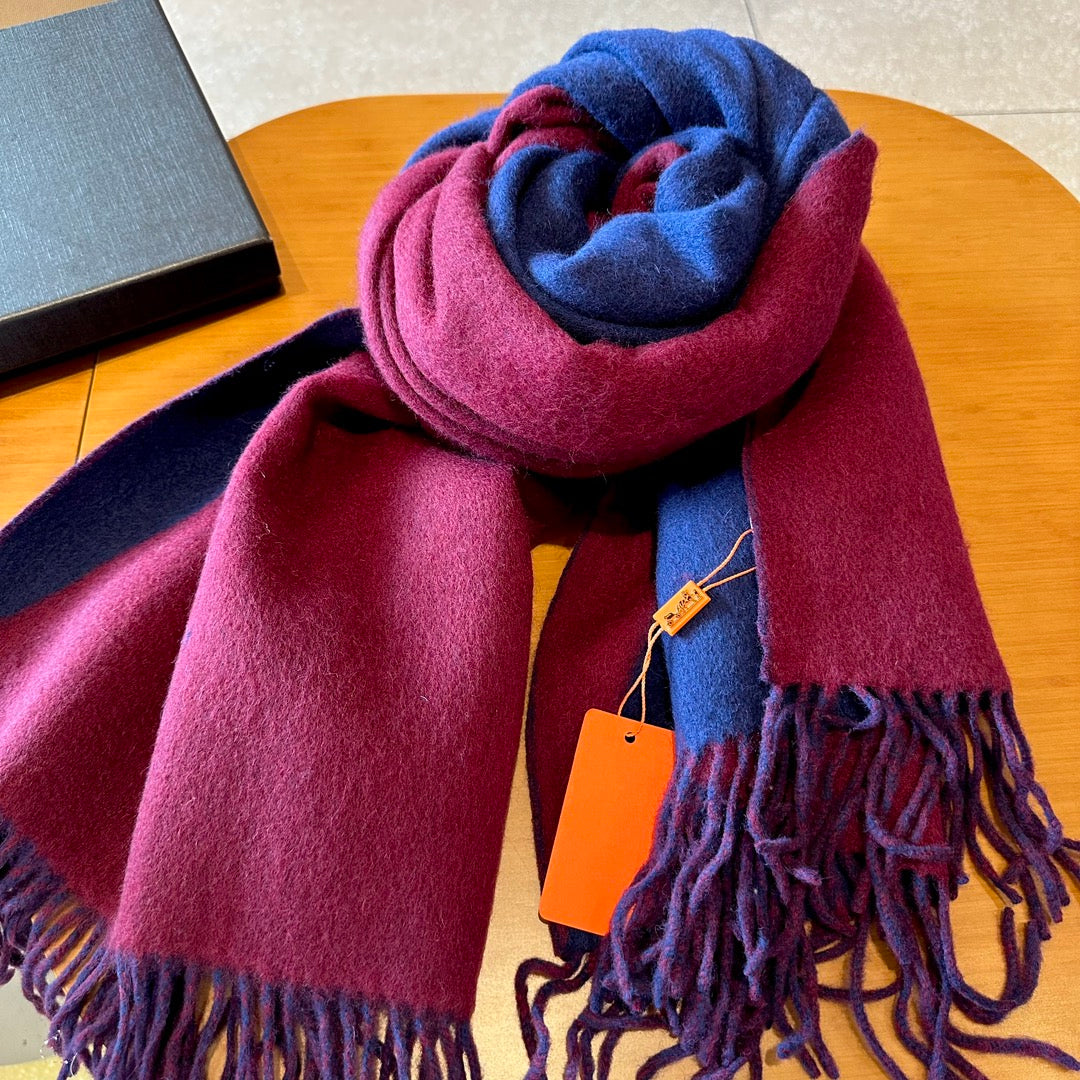 Scarf 200 CM In Dark Blue Mix Purple Red Cashmere And Silk