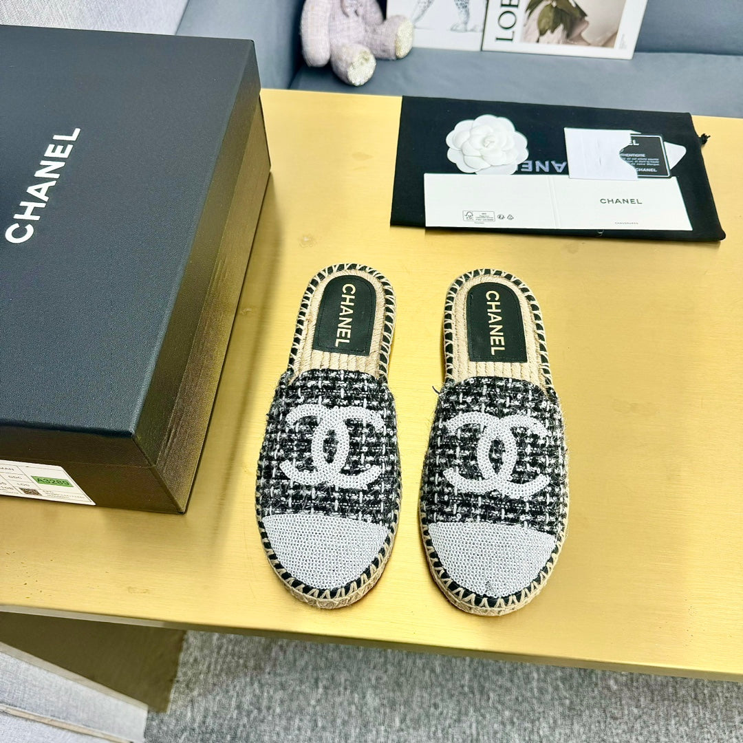 espadrilles mule black white tweed white sequin