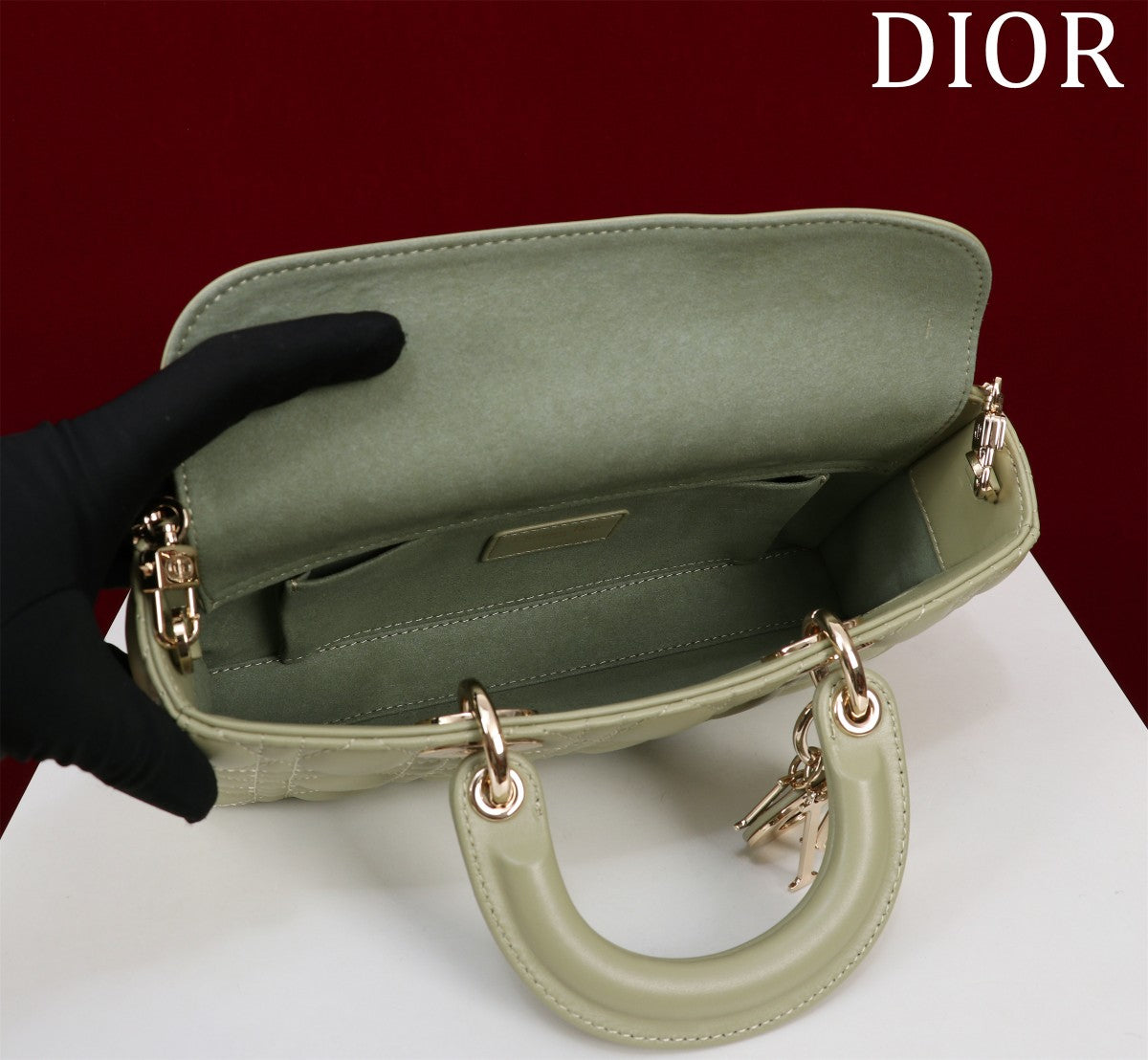 medium lady d-joy 26 khaki green lambskin
