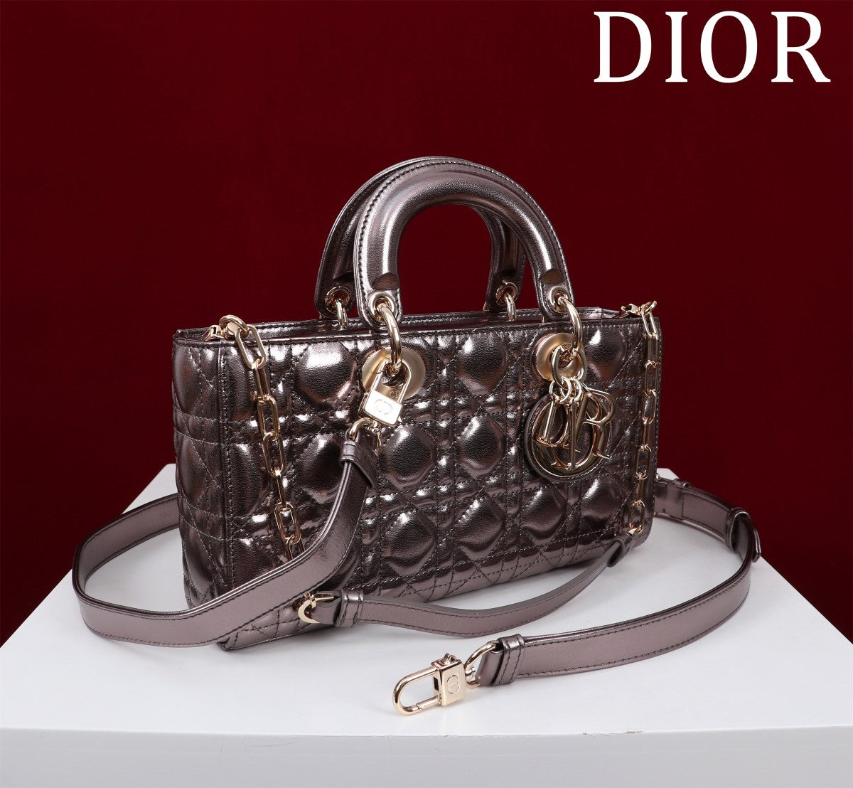 medium lady d-joy 26 dark purple metalic lambskin