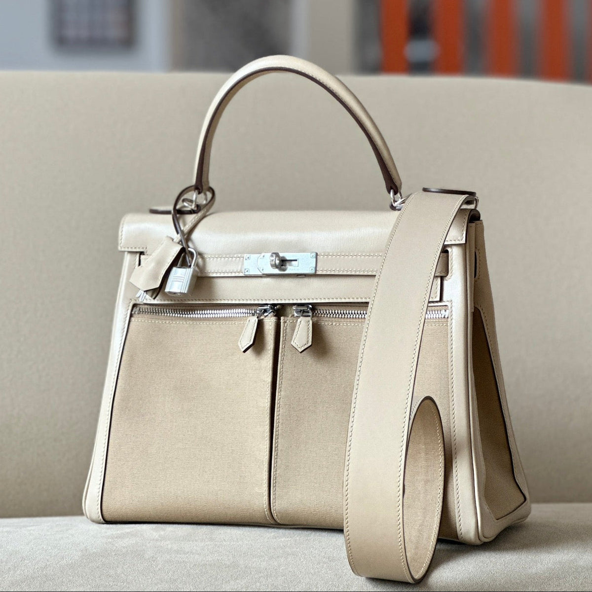 High-end Hermes 2026 Kelly Lakis Bag 32cm Box Leather Canvas