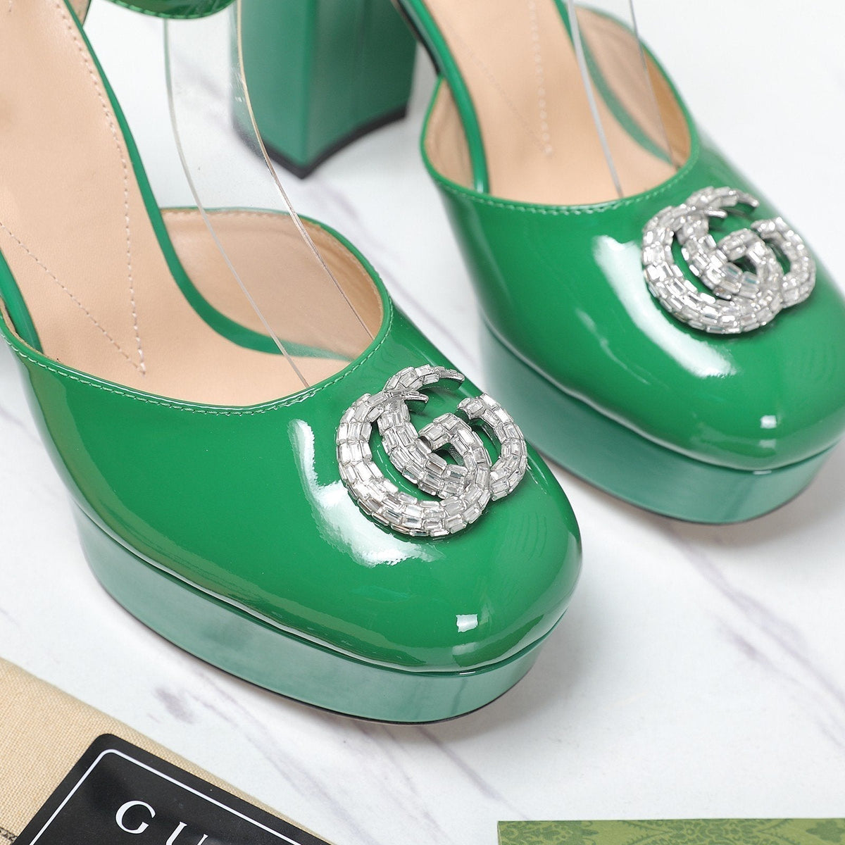 platform pump with double g green patent leather
