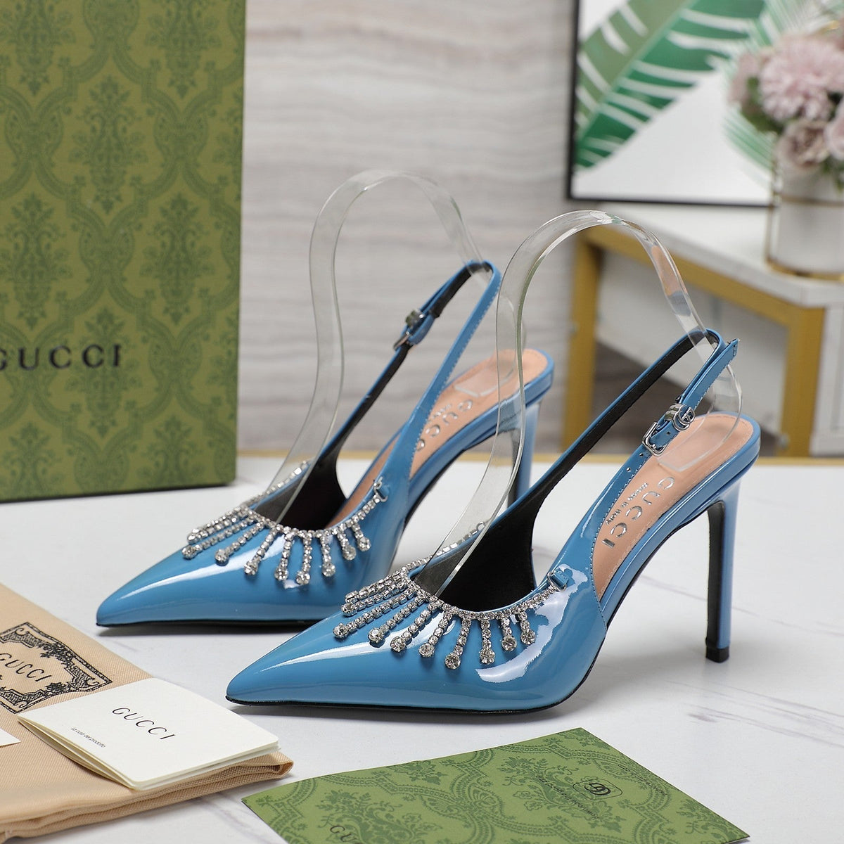GG CRYSTAL HIGH HEEL SANDAL CERULEAN LAMBSKIN