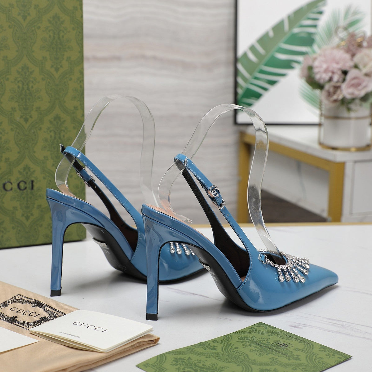 GG CRYSTAL HIGH HEEL SANDAL CERULEAN LAMBSKIN
