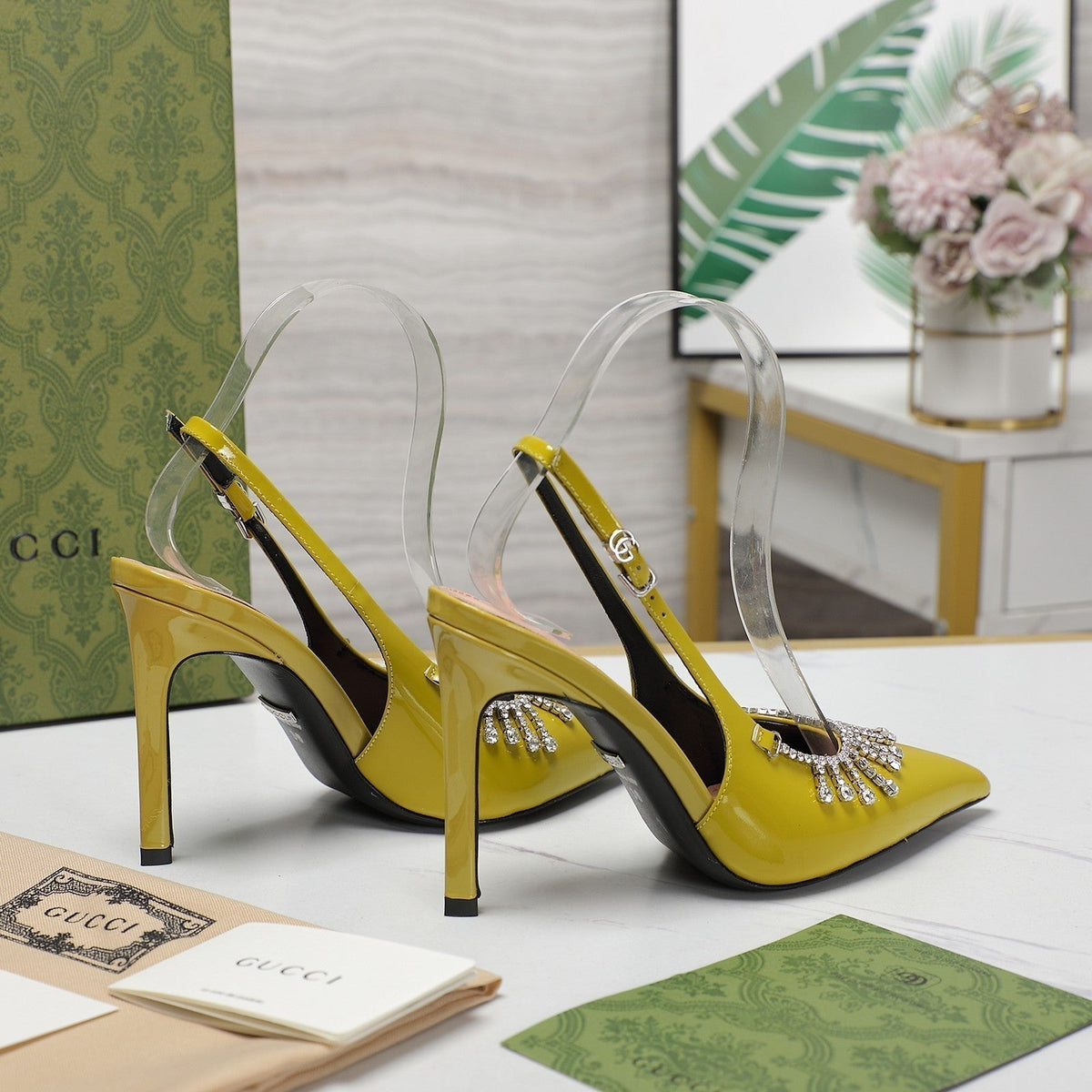 GG CRYSTAL HIGH HEEL SANDAL LEMON LAMBSKIN