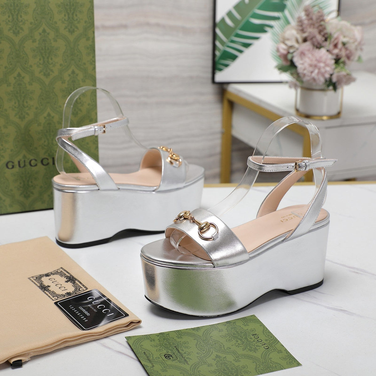 GG  Horsebit Wedges Sandals Silver