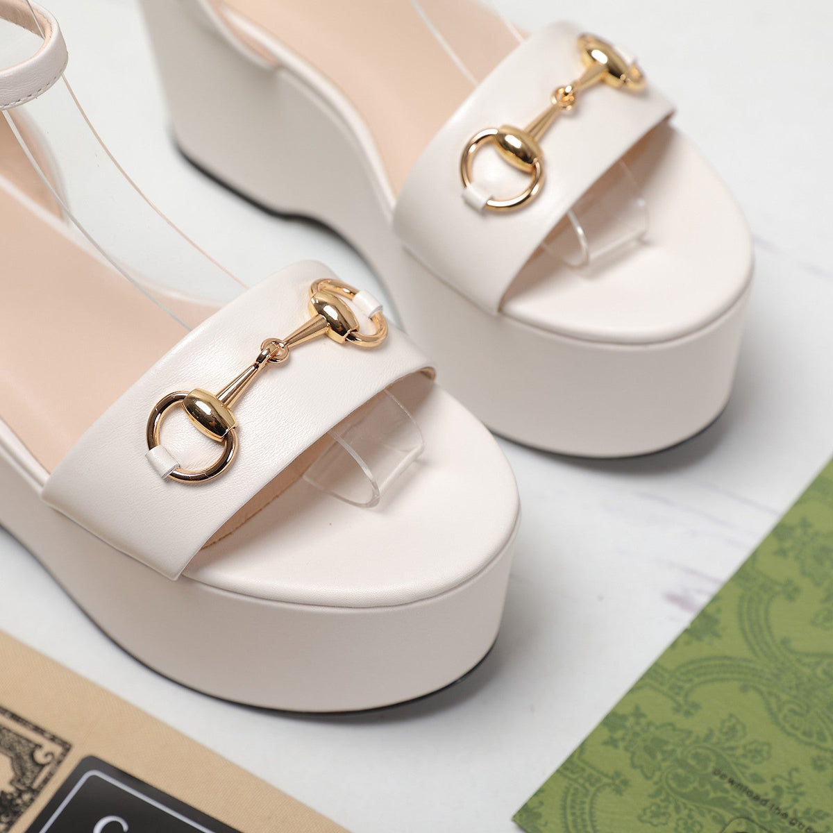 GG  Horsebit Wedges Sandals White