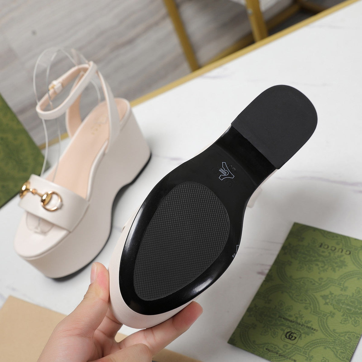 GG  Horsebit Wedges Sandals White