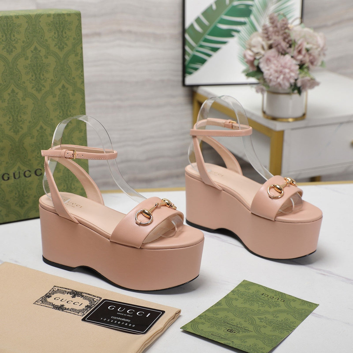 GG  Horsebit Wedges Sandals Pink
