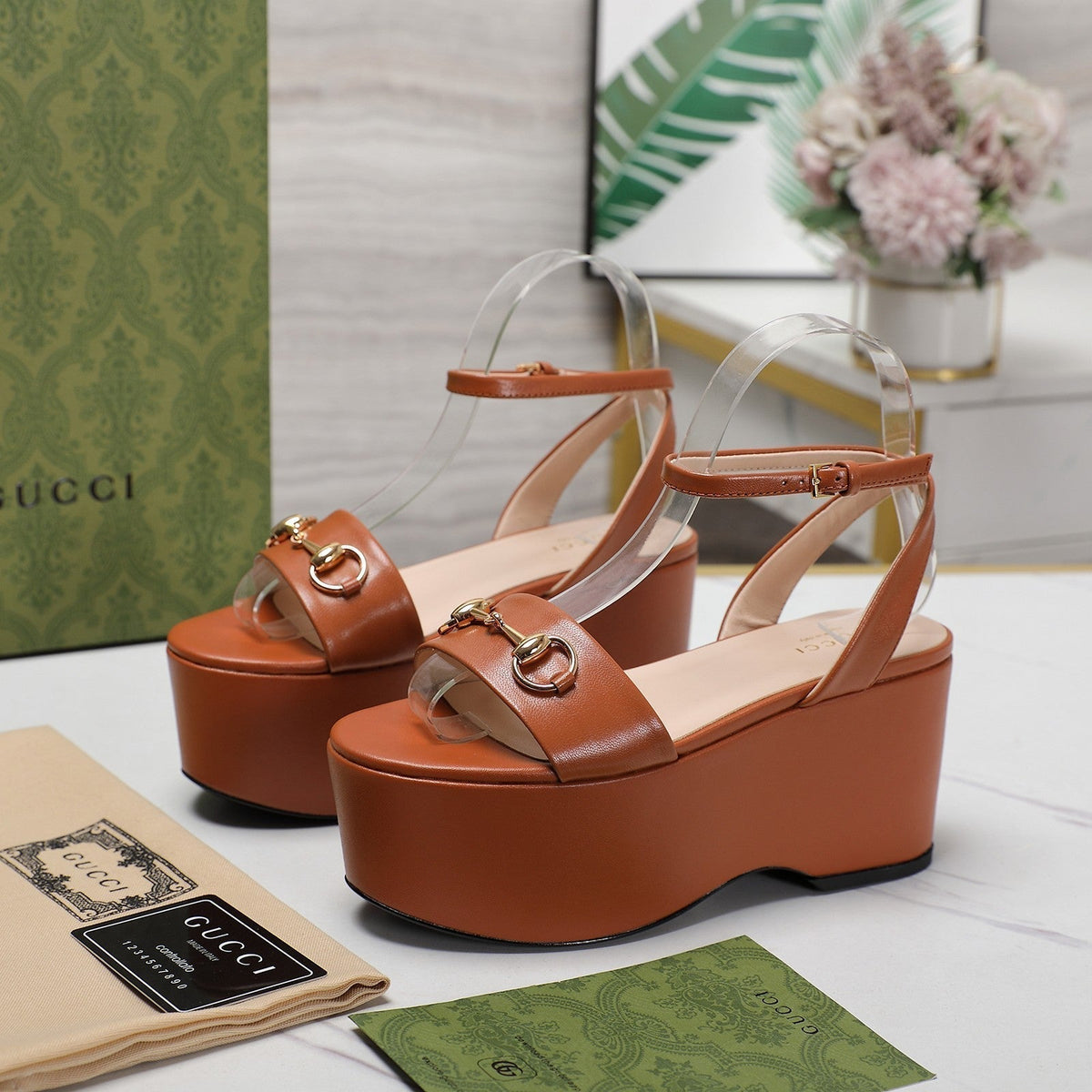 GG  Horsebit Wedges Sandals Orange