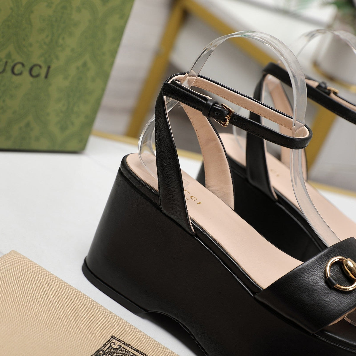 GG  Horsebit Wedges Sandals Black