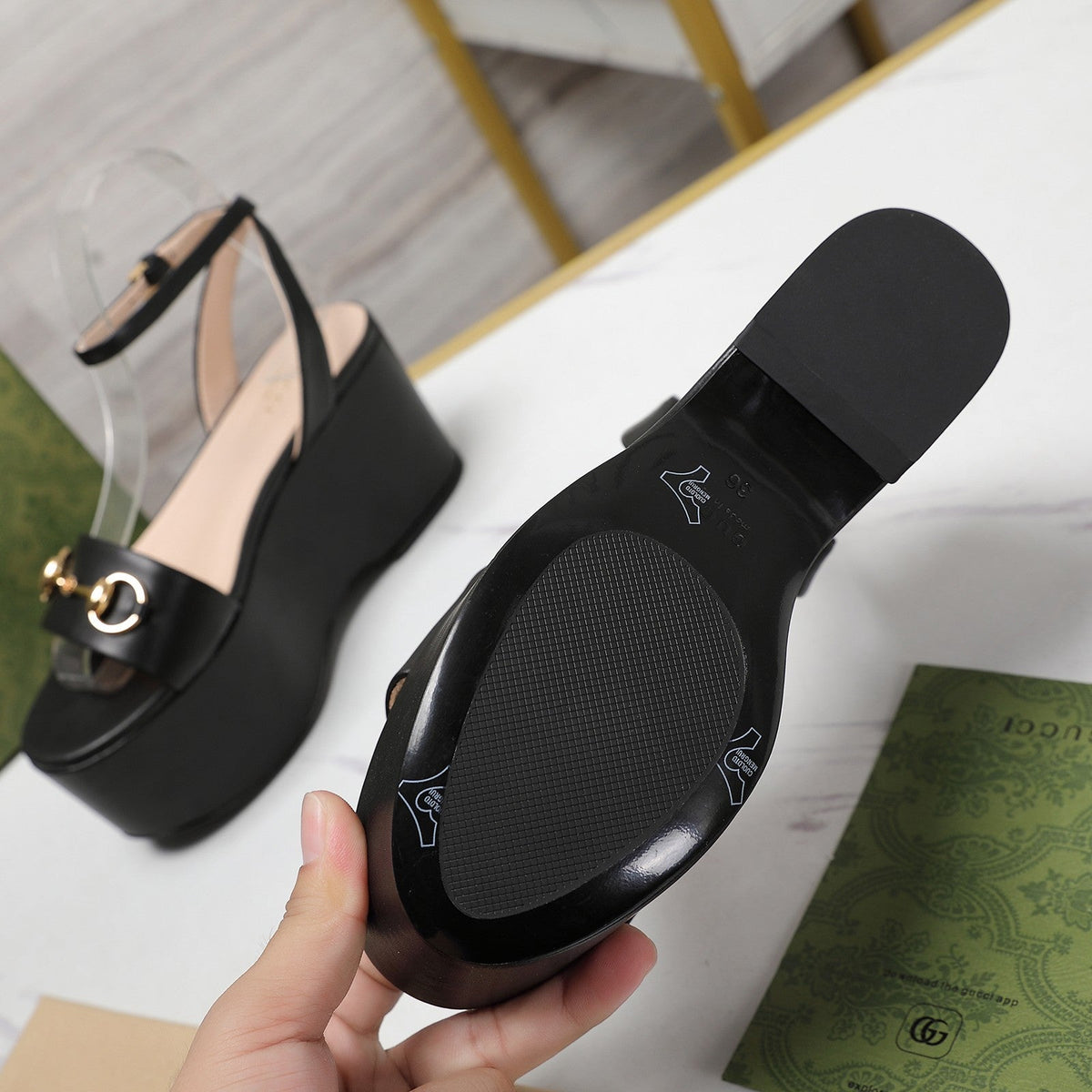 GG  Horsebit Wedges Sandals Black