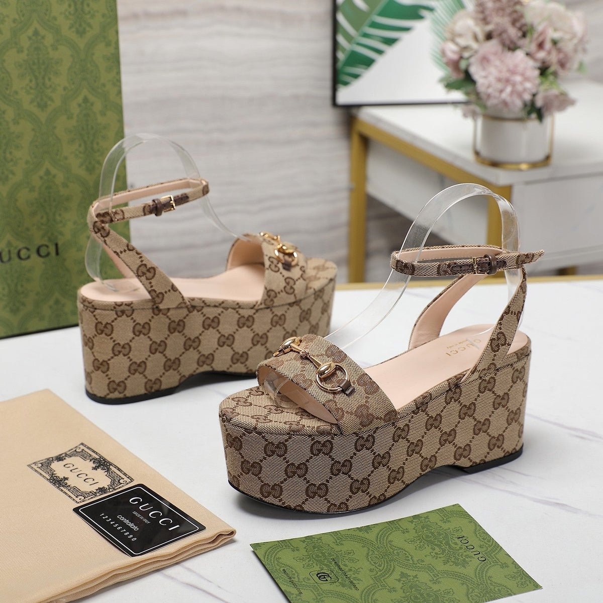 GG  Horsebit Wedges Sandals Brown