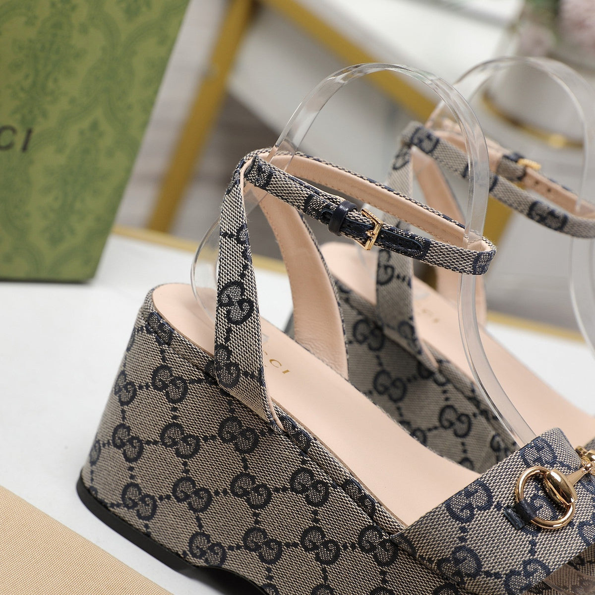 GG  Horsebit Wedges Sandals Grey