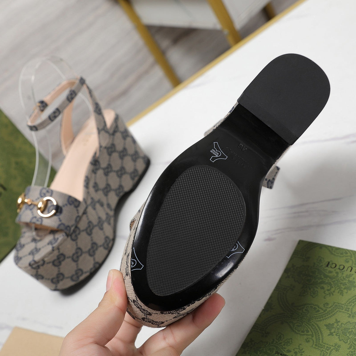 GG  Horsebit Wedges Sandals Grey