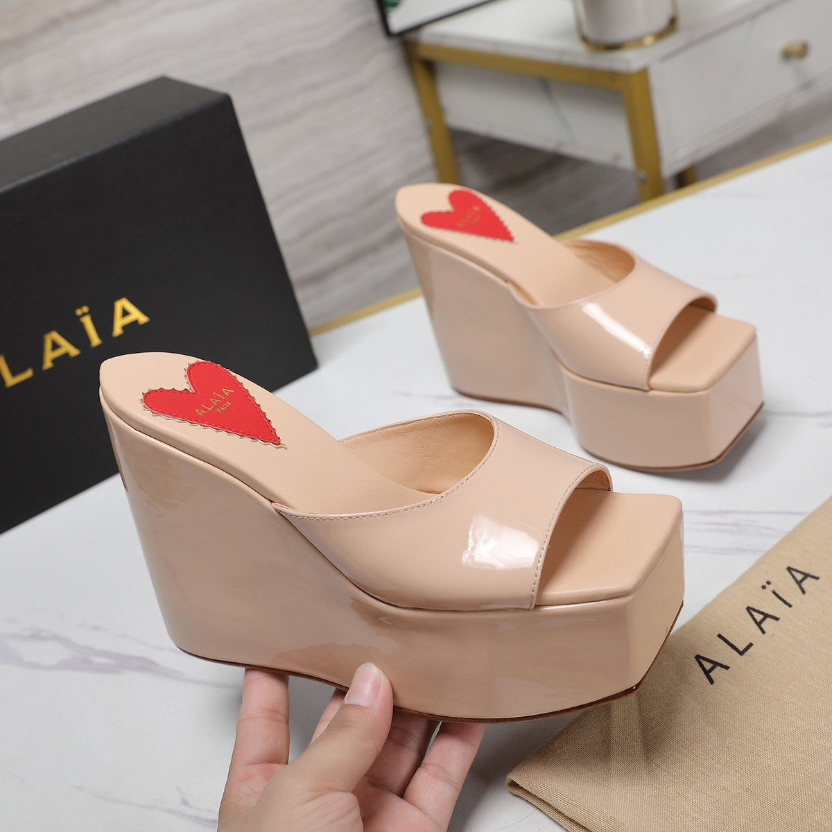 ALAIA PLATFORM WEDGE IN BEIGE TAN LAMBSKIN WITH RED HEART