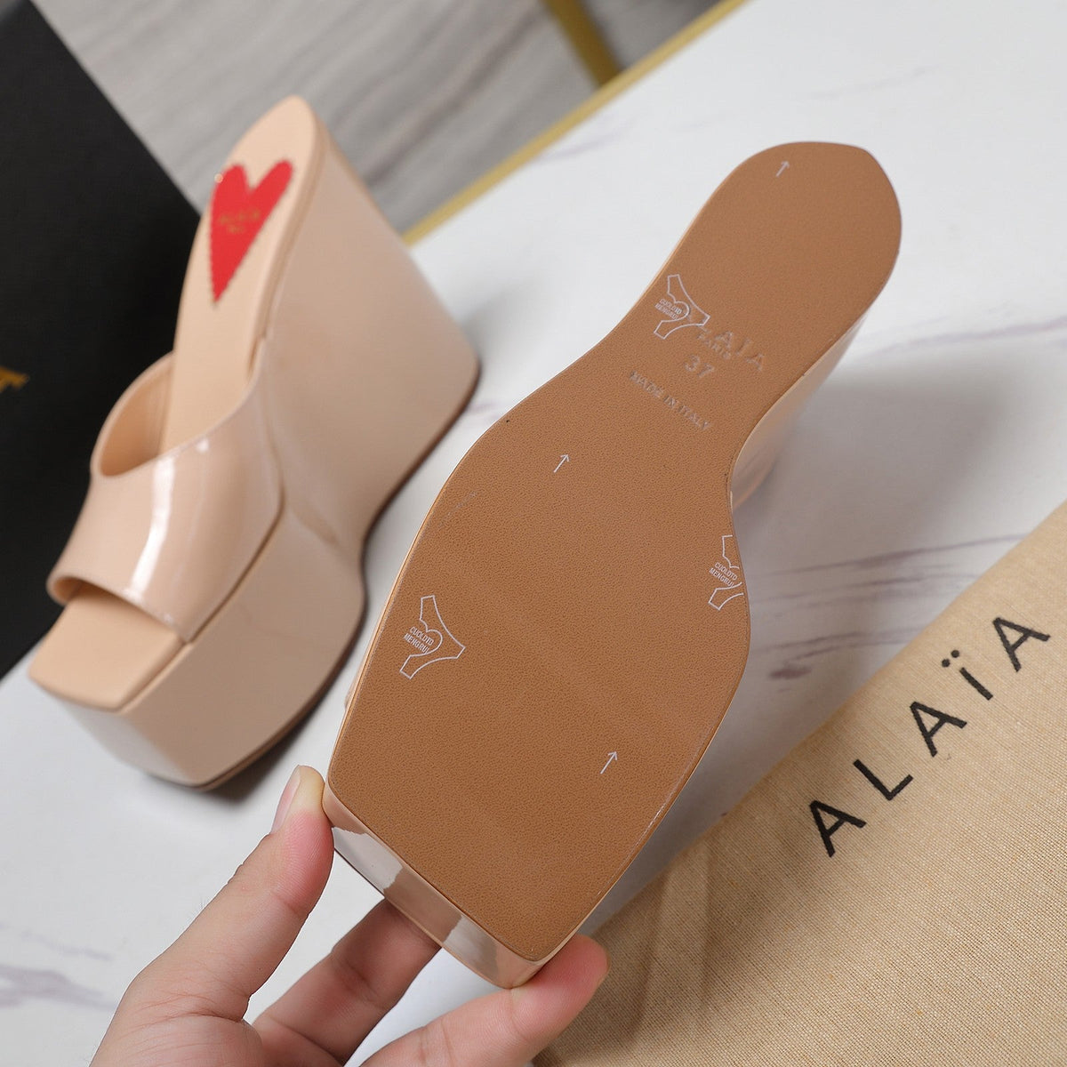 ALAIA PLATFORM WEDGE IN BEIGE TAN LAMBSKIN WITH RED HEART