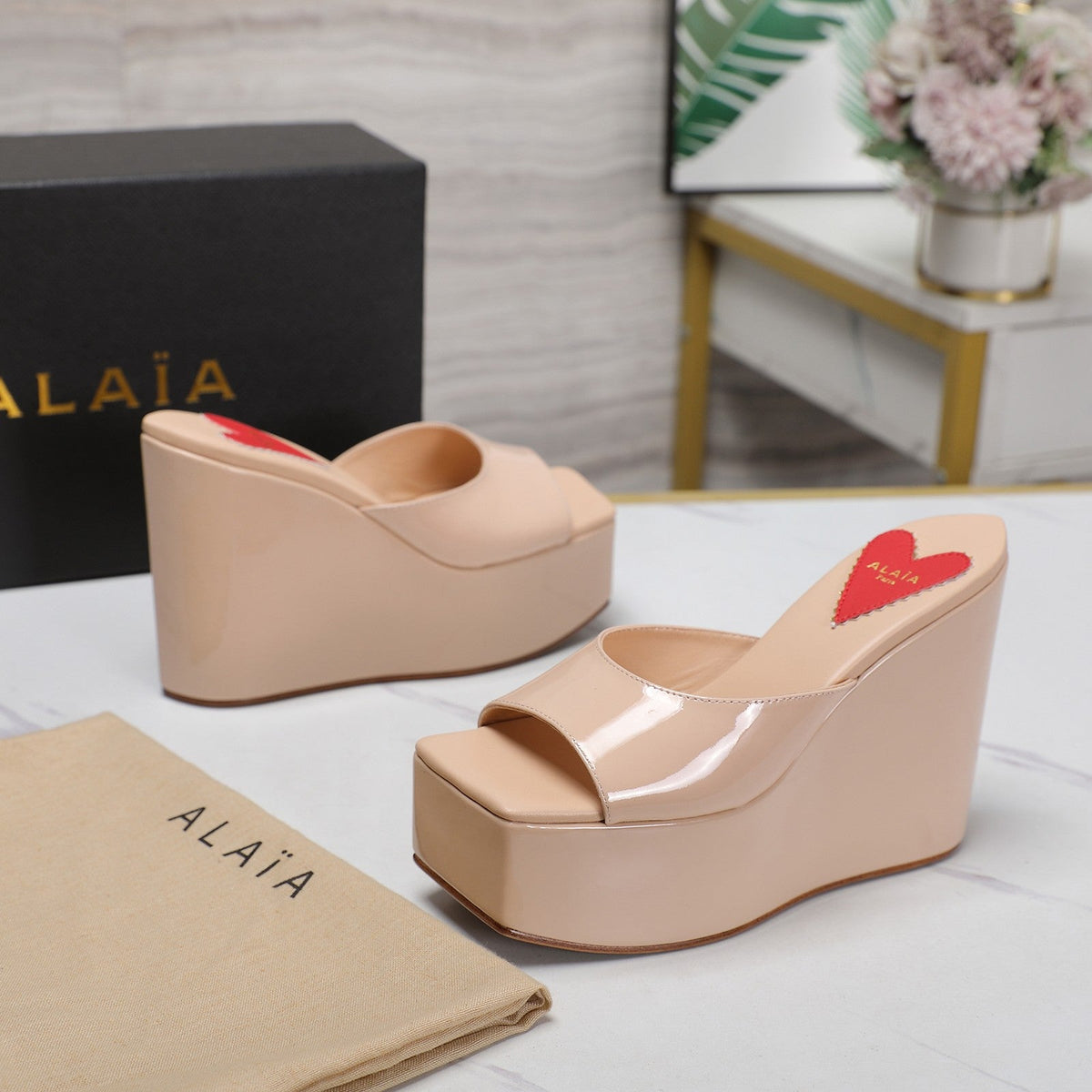 ALAIA PLATFORM WEDGE IN BEIGE TAN LAMBSKIN WITH RED HEART