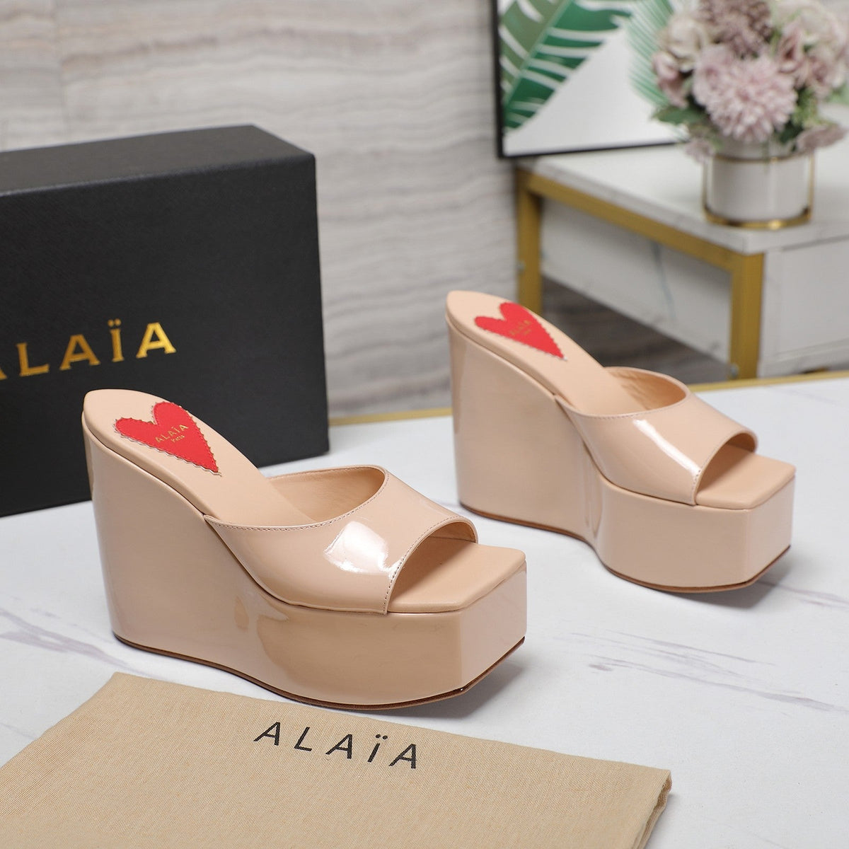 ALAIA PLATFORM WEDGE IN BEIGE TAN LAMBSKIN WITH RED HEART