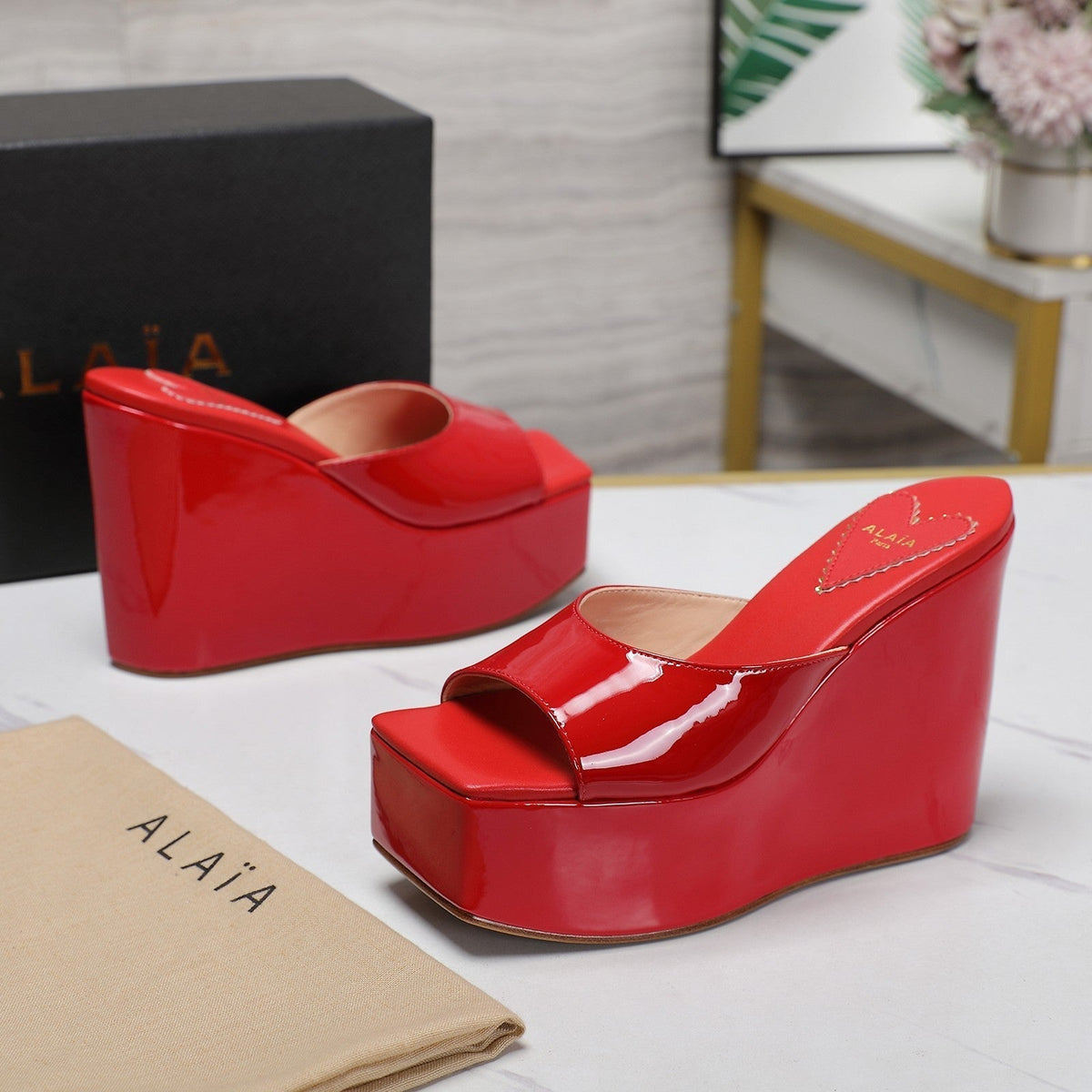 ALAIA PLATFORM WEDGE IN CHERRY RED LAMBSKIN WITH HEART EMBROIDERED