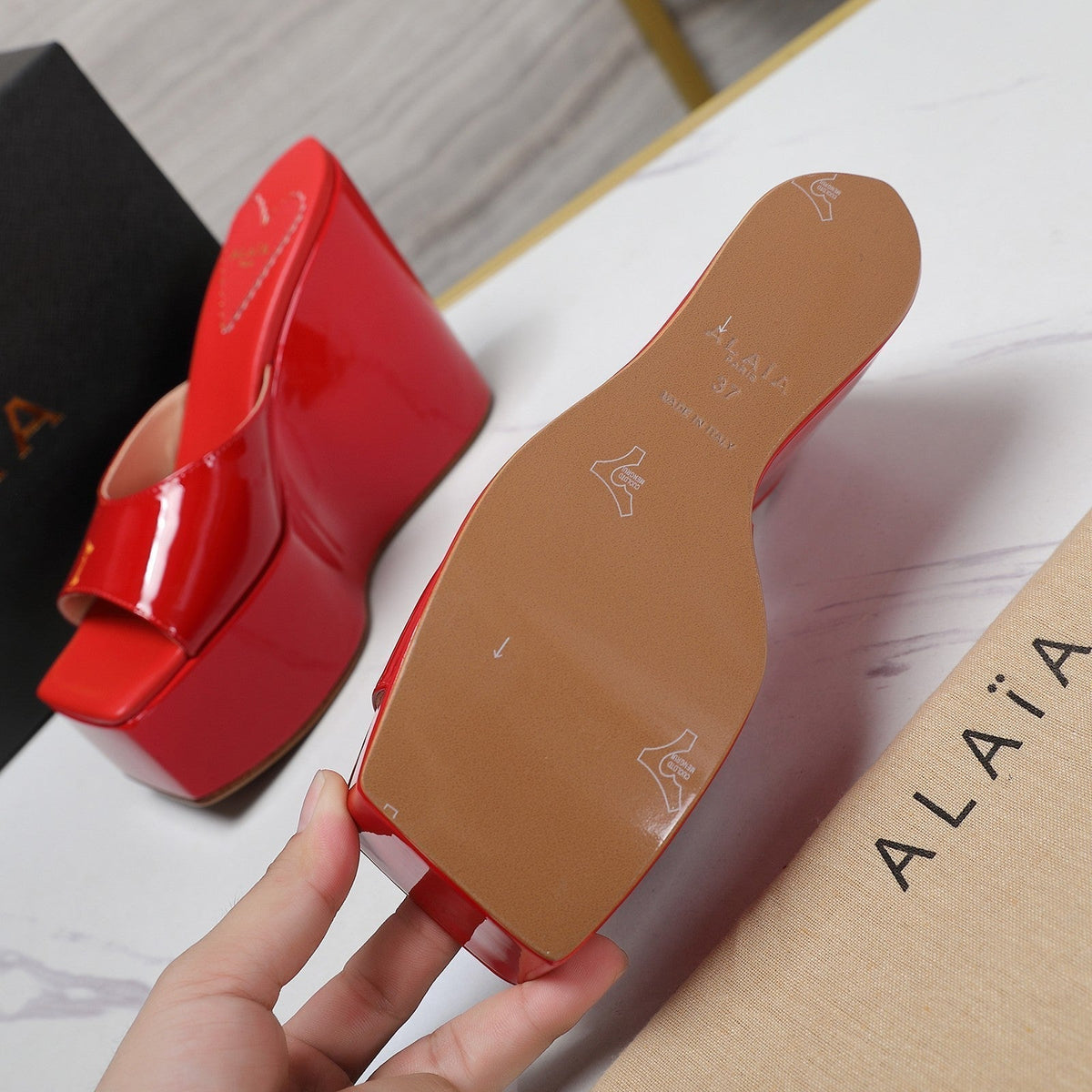 ALAIA PLATFORM WEDGE IN CHERRY RED LAMBSKIN WITH HEART EMBROIDERED
