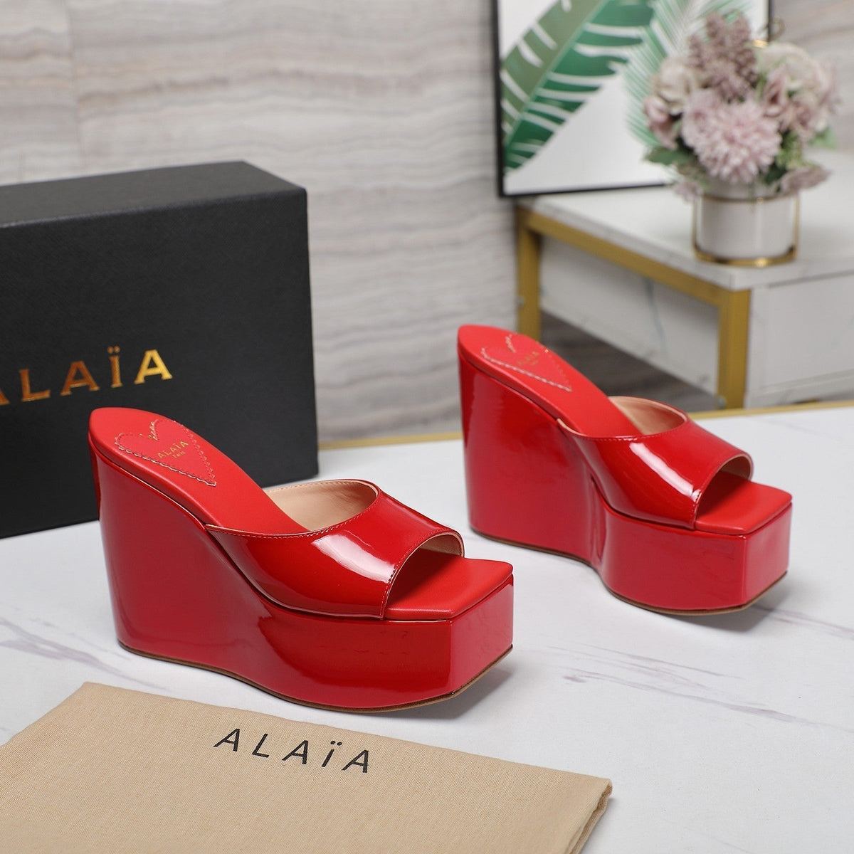 ALAIA PLATFORM WEDGE IN CHERRY RED LAMBSKIN WITH HEART EMBROIDERED
