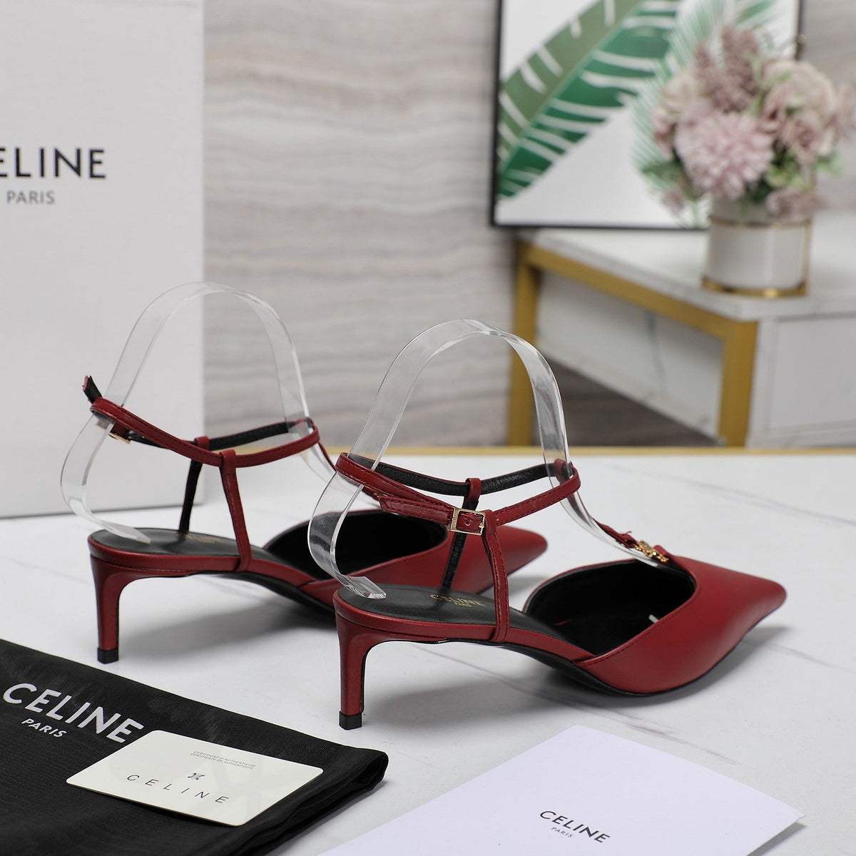 HIGH 5 CM SLINGBACK IN CHERRY RED CALFSKIN WITH GOLD LOGO