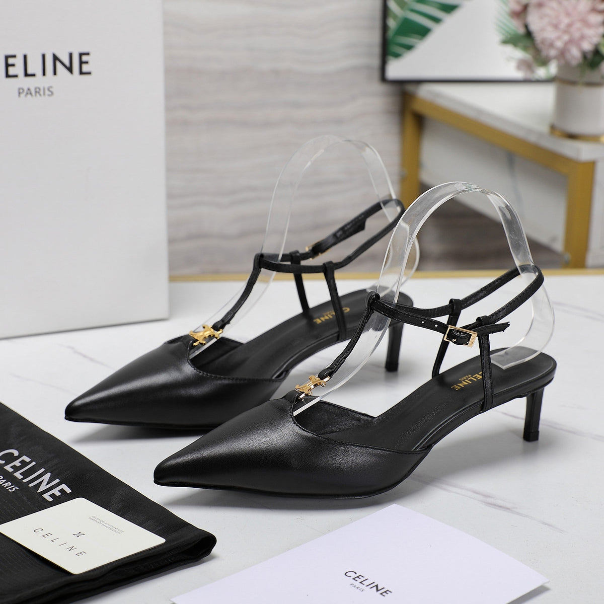 HIGH 5 CM SLINGBACK IN BLACK CALFSKIN WITH GOLD LOGO