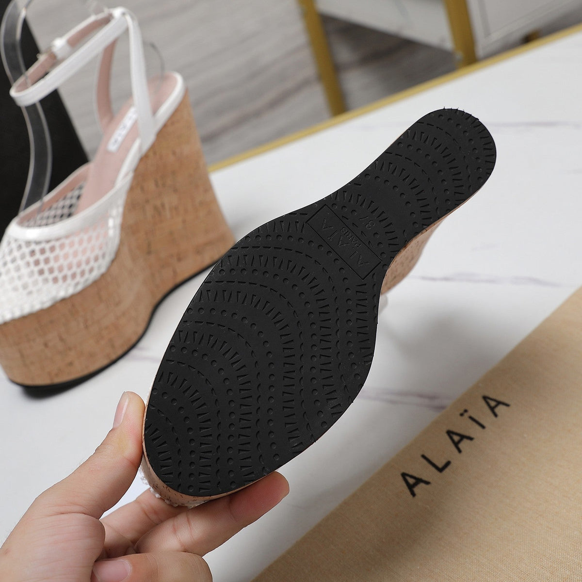 ALAIA WEDGE SANDAL IN WHITE MESH AND BEIGE RUBBER