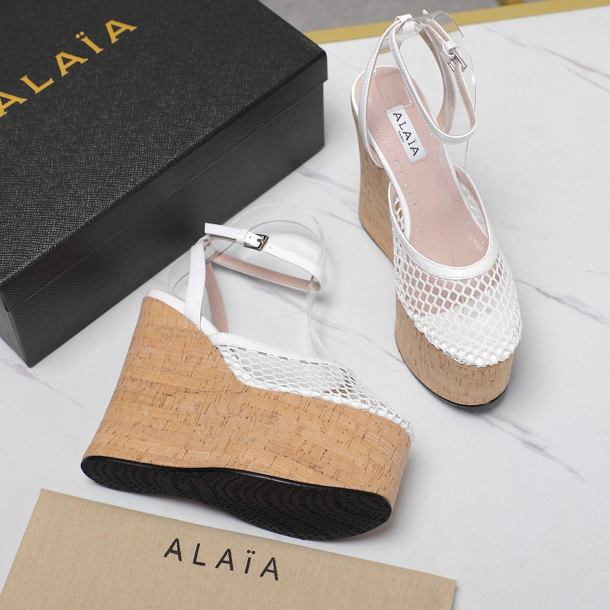 ALAIA WEDGE SANDAL IN WHITE MESH AND BEIGE RUBBER