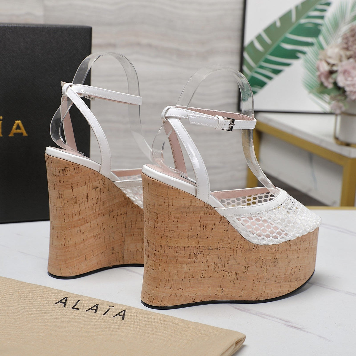 ALAIA WEDGE SANDAL IN WHITE MESH AND BEIGE RUBBER