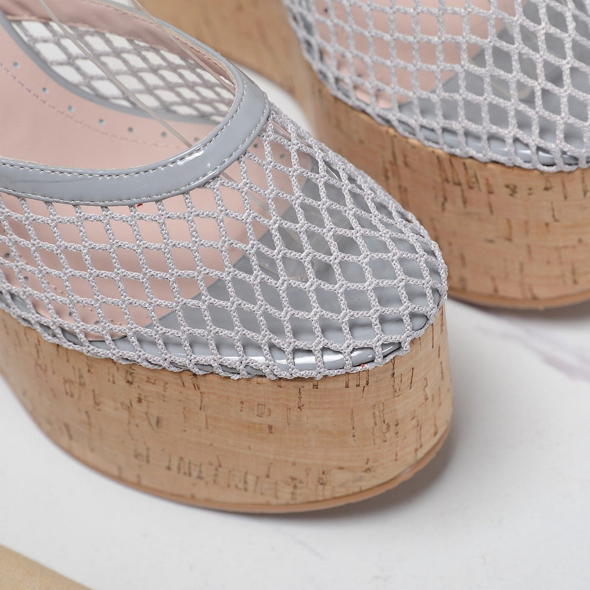 ALAIA WEDGE SANDAL IN LIGHT GREY MESH AND BEIGE RUBBER