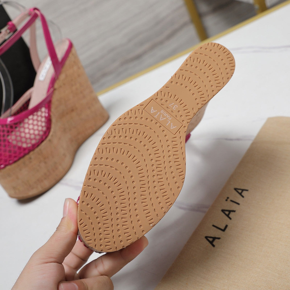ALAIA WEDGE SANDAL IN BARBIE PINK MESH AND BEIGE RUBBER