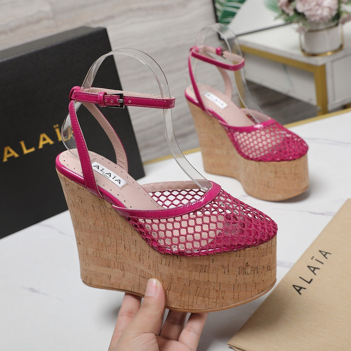 ALAIA WEDGE SANDAL IN BARBIE PINK MESH AND BEIGE RUBBER