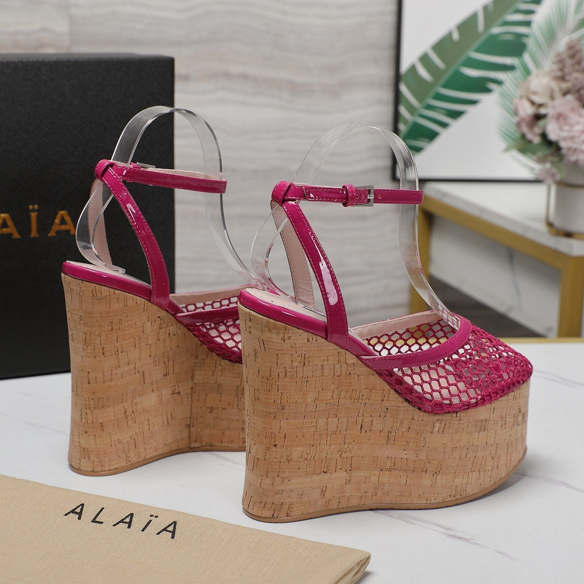 ALAIA WEDGE SANDAL IN BARBIE PINK MESH AND BEIGE RUBBER