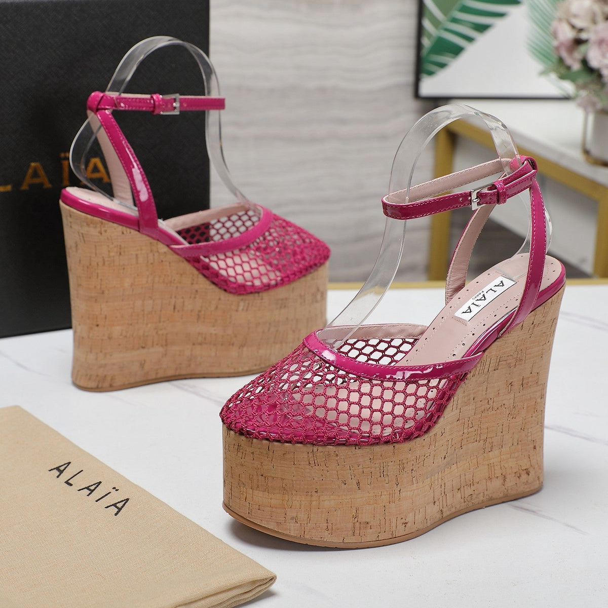 ALAIA WEDGE SANDAL IN BARBIE PINK MESH AND BEIGE RUBBER