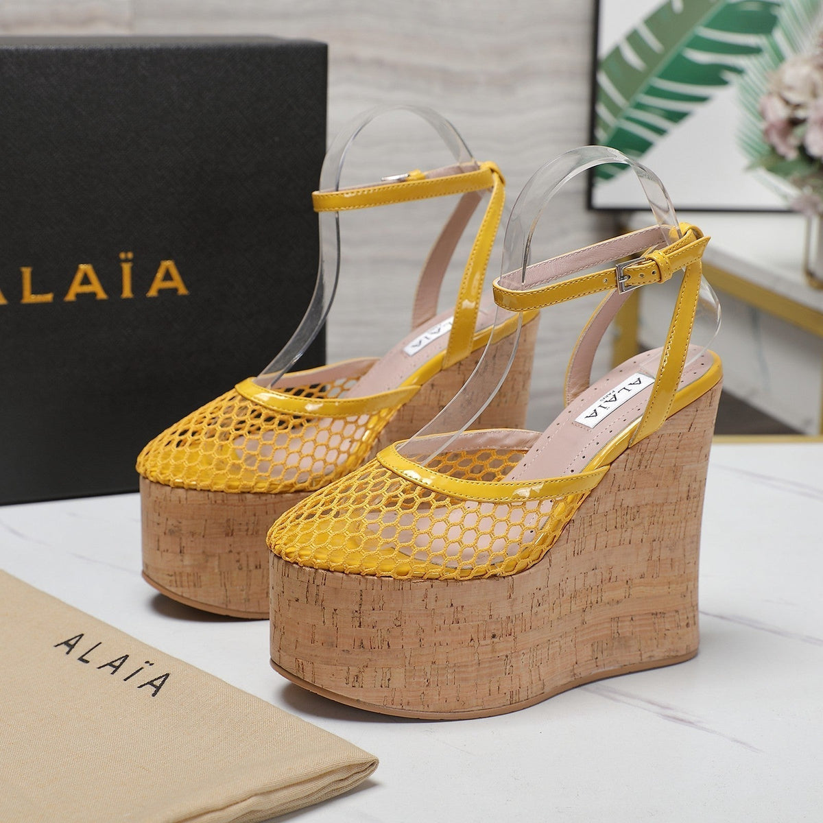 ALAIA WEDGE SANDAL IN YELLOW MESH AND BEIGE RUBBER