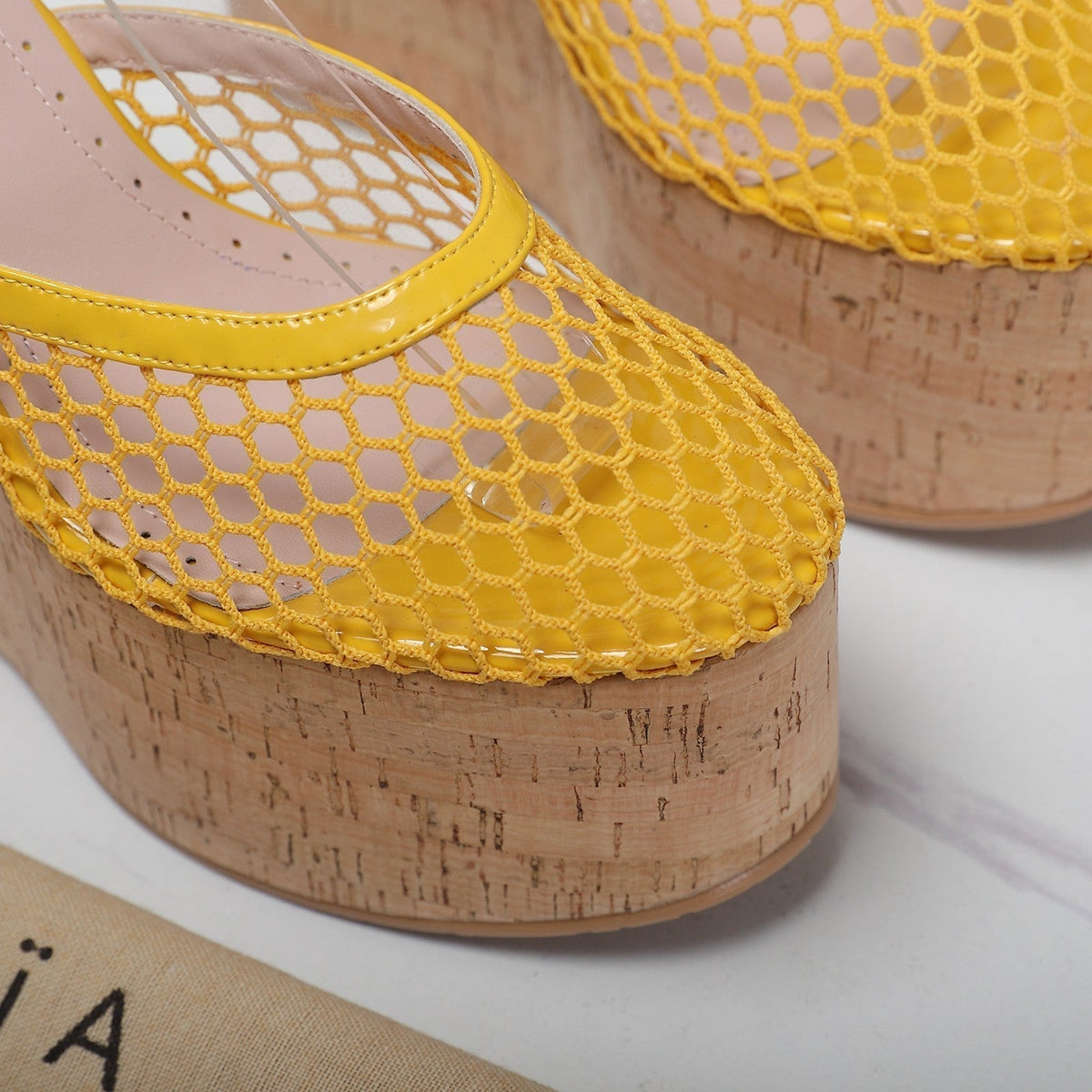 ALAIA WEDGE SANDAL IN YELLOW MESH AND BEIGE RUBBER